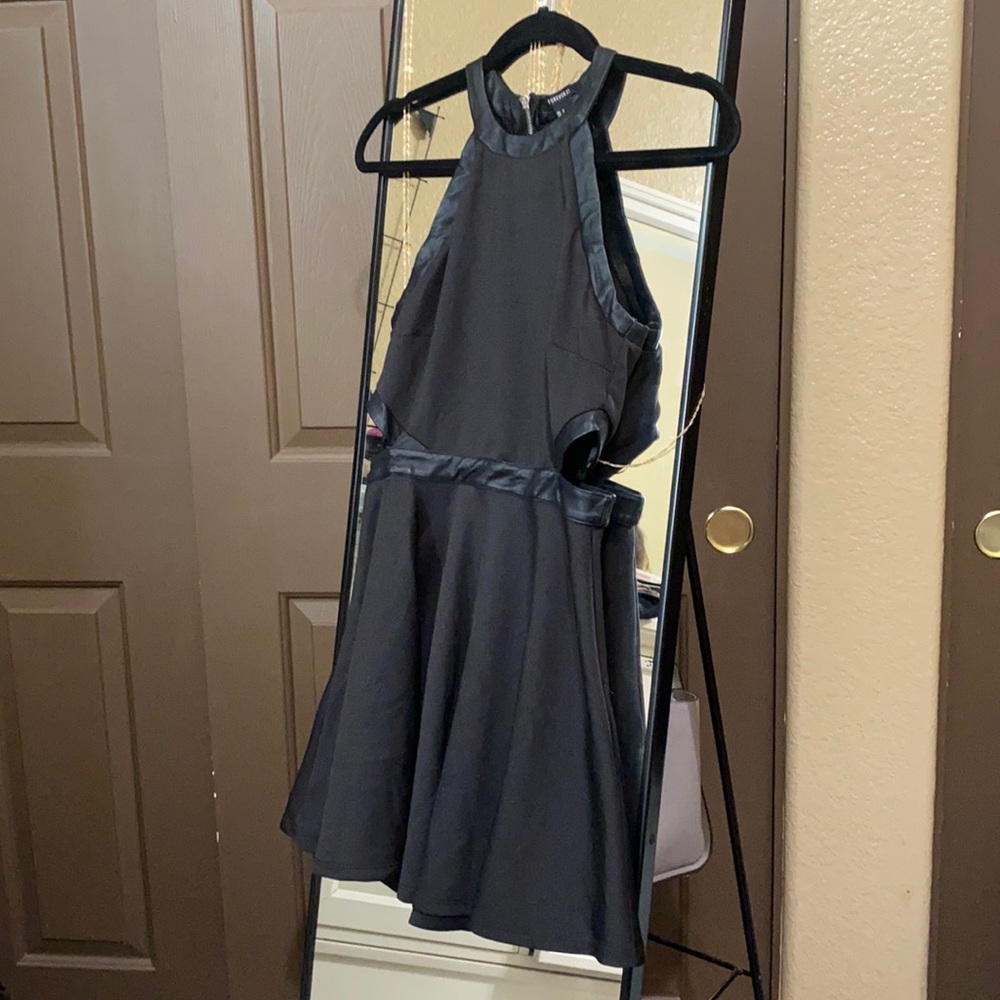 F21 black skater dress with leather trim